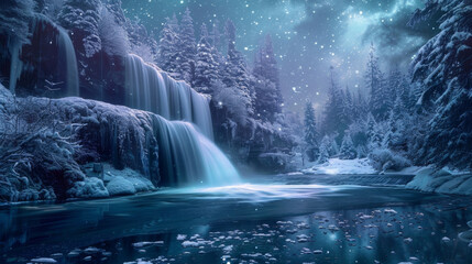 A peaceful moment frozen in time the waterfall reflects a blend of twilight hues while natures symphony plays in perfect harmony under . . - obrazy, fototapety, plakaty