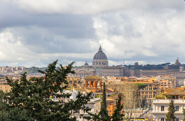 Aerial view of the historical center of Rome, Italy, and Piazza del Popolo from Terrazza del Pincio