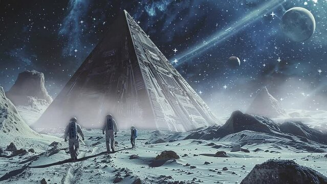 alien planet with astronauts and an alien pyramid. seamless looping overlay 4k virtual video animation background