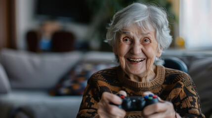 An elderly woman with a smile on her face holding a video game controller