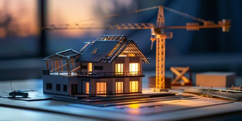 A detailed architectural model of a house with a construction crane in the background, showcasing the process of building a new structure - obrazy, fototapety, plakaty
