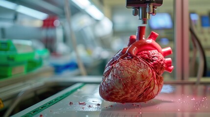 3D-printed human heart model on a laboratory table, symbolizing advancements in medical technology and bioprinting research.
