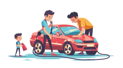 Foto op Aluminium Dad and son cleaning car illustration flat cartoon © visual