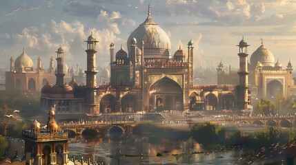 Magnificent Mosque Architecture: Grand Domes and Towering Minarets ai image - obrazy, fototapety, plakaty