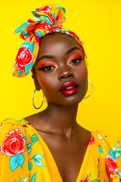 Portrait of cool fashionable makeup of skinhead woman with head scarf, pretty face, wearing colorful floral dress pattern on solid yellow background. Black female model summer fashion, vertical style.