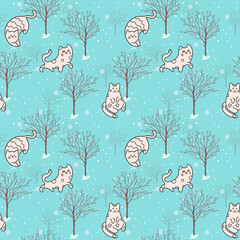 Kawaii Cats vector illustration  Smiling Kitty, cute and round-faced cat - obrazy, fototapety, plakaty