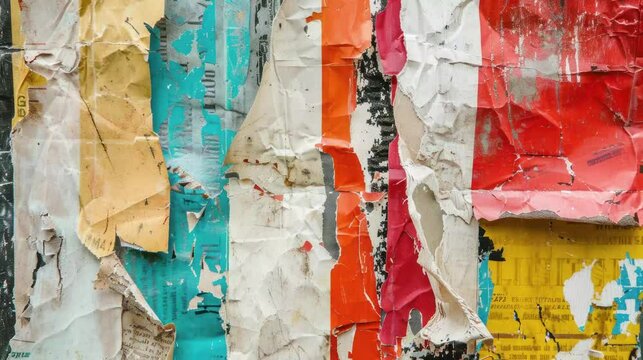 slideshow of old colorful posters collage ripped torn crumpled paper abstract grunge texture wall backdrop surface, urban street, paper texture, bold texts and numbers
