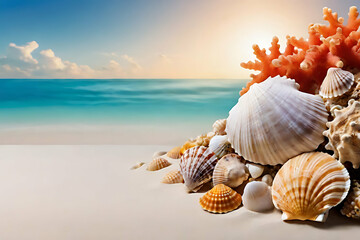 Seashells and coral reef with copy-space background concept, blank space. Tropical Tapestry: Seashells and Coral with Copy-Space.