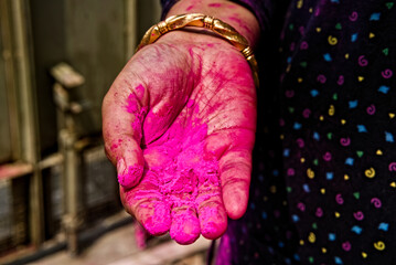 an indian female hand holding colorful abir or gulal powder on the occasion of playing holi in India