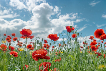 A field of poppies in spring, bright red flowers swaying in the wind, under a blue sky with white clouds 