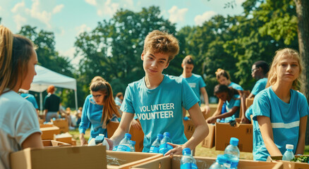 A group of diverse people wearing blue t-shirts with the text "VOLUNTEER" stood next to each other, their hands in boxes filled with water bottles and food items at an outdoor event or concert setting - Powered by Adobe