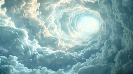 An abstract background of cloud scape, seen from a perspective worm eye view. It evokes a surreal and dreamy atmosphere, perfect for meditation or peaceful contemplation. - obrazy, fototapety, plakaty