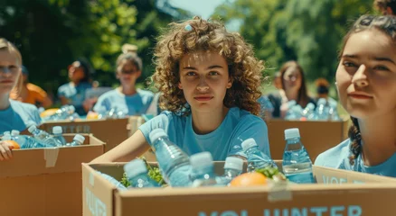 Foto op Canvas A group of diverse people wearing blue t-shirts with the text "VOLUNTEER" stood next to each other, their hands in boxes filled with water bottles and food items at an outdoor event or concert setting © Kien