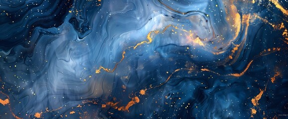 A seamless composition of creative paint strokes and water effects produces a visually stunning abstract background in blue and gold. - obrazy, fototapety, plakaty