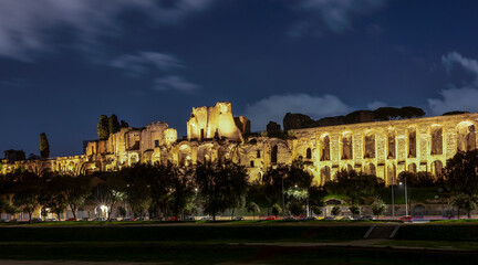 Circo Massimo (Circus Maximus) and ruins of Imperial Palace, Rome, Italy, at night