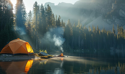 Campsite with dome and tent, sun rays, pine forest by lake