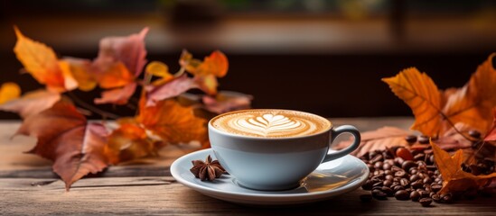 On the table, there is a delicious cup of coffee with frothy latte art on top, ready to be enjoyed