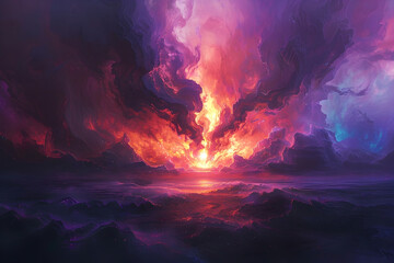 Fototapeta premium Cataclysmic Cosmic Storm:A Surreal Explosion of Ethereal Energy Lights the Darkened Skies