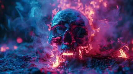 Chilling Whispers of the Damned - Neon Inferno Skull in Vivid,Electric Color Hues - obrazy, fototapety, plakaty