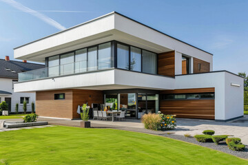 A modern house with white walls, wooden garage and large windows on the side of green grass lawn in Germany