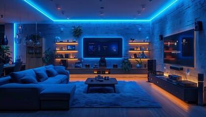 IoT-enabled Home Entertainment, home entertainment options with showing IoT-connected devices such as smart TVs, speakers, AI - obrazy, fototapety, plakaty