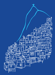 Vector illustration of favela landscape with mountain in the background. Art with stylized features.
