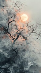 Ethereal Moonlit Mist and Shadowy Branches Converge in Haunting Arctic Landscape