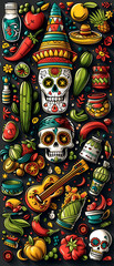 Illustration in honor of the Mexican holiday Cinco de Mayo: chili, sugar skull, taco and others. Illustrations for posters, banners, prints in honor of Mexican holidays