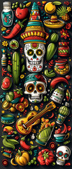 Fototapeta premium Illustration in honor of the Mexican holiday Cinco de Mayo: chili, sugar skull, taco and others. Illustrations for posters, banners, prints in honor of Mexican holidays