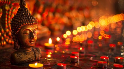 A Buddha statue surrounded by several lit candles, casting a warm glow in the setting