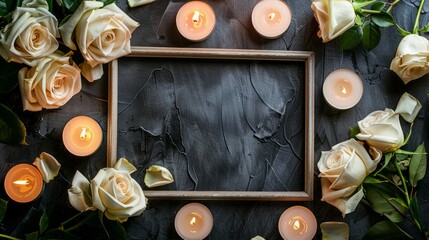 A picture frame surrounded by roses and candles, creating a serene memorial setting