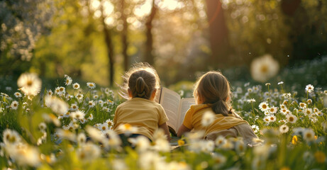 A photo of two children lying on the grass, reading books in springtime