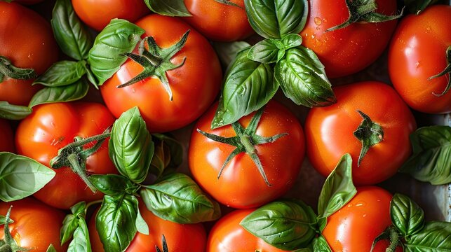 A beautiful presentation of tomatoes with basil on a flawless background. Food photos with copy space. Generative AI