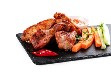Grilled chicken pieces on a slate board with fresh vegetables isolated on white