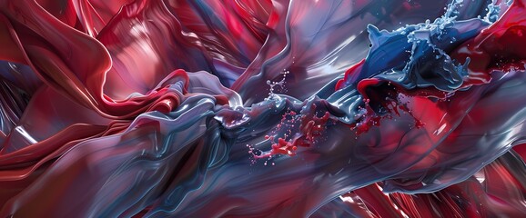 A cascade of ruby red and sapphire blue collides in a dynamic explosion, capturing the essence of vivid fluidity."