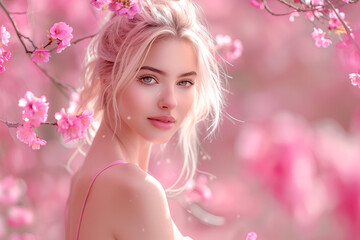 Obraz na płótnie Canvas Beautiful woman in blossom garden