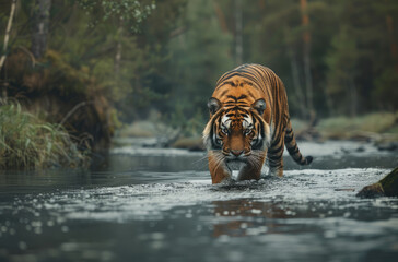 A Siberian tiger is walking in the river - obrazy, fototapety, plakaty