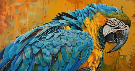 Macaw, stunningly large, speaking, feathers of brilliant blues and yellows. 