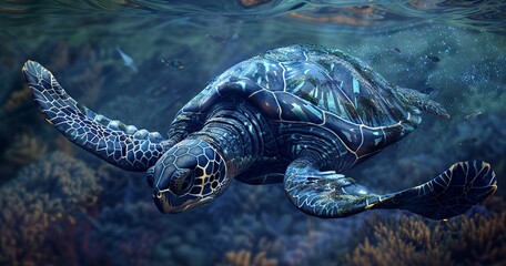 Sea Turtle gracefully swimming, ancient mariner, shell pattern detailed. 