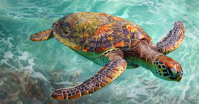 Sea Turtle gracefully swimming, ancient mariner, shell pattern detailed. 
