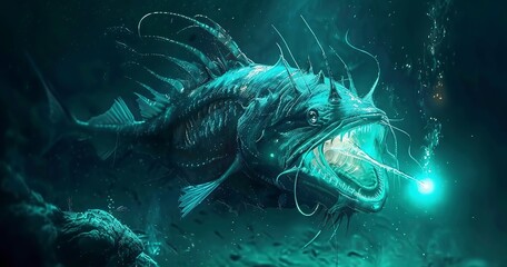 Anglerfish with luminescent lure, deep-sea hunter, eerie and fascinating. 