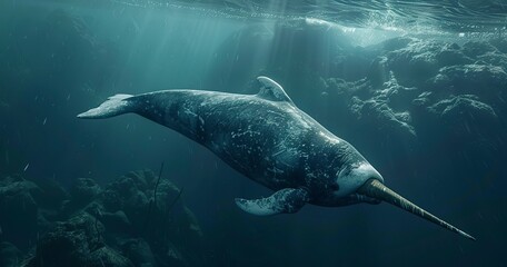 Fototapeta premium Narwhal, the unicorn of the sea, tusk forward, arctic swimmer. 
