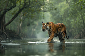 A Siberian tiger is walking in the river