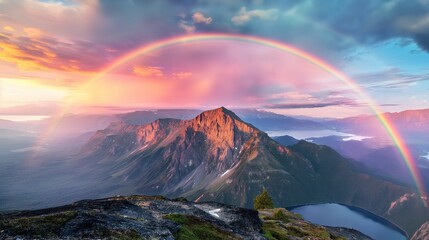 Elysian Peaks An Amazing Landscapes View of Mountain with Rainbow on Sunrise, Where Nature Beauty Takes Center Stage - obrazy, fototapety, plakaty