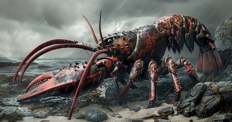 Lobster on the move, claws ready, armored and ancient.  - obrazy, fototapety, plakaty