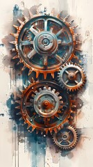 Intricate Pastel and Watercolor Rendition of Captivating Machinery and Gears,Evoking Rustic Charm and Creativity