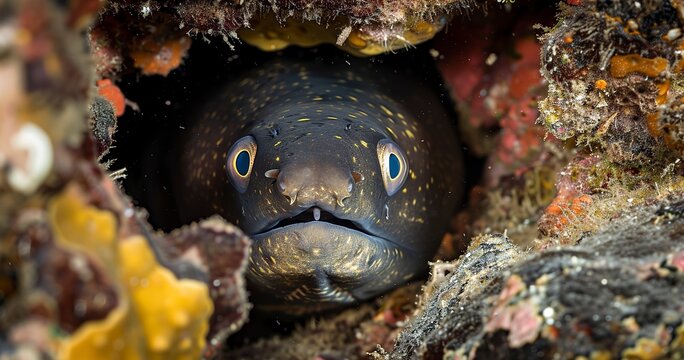 Moray Eel peeking from a crevice, sleek and mysterious. 