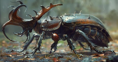 Stag beetle with large mandibles, ready for combat, armored and formidable.  - obrazy, fototapety, plakaty