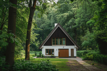Fototapeta na wymiar A modern house with white walls, wooden garage and large windows on the side of green grass lawn in Germany