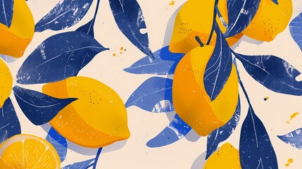Digital yellow and blue lemon pattern illustration poster web page PPT background